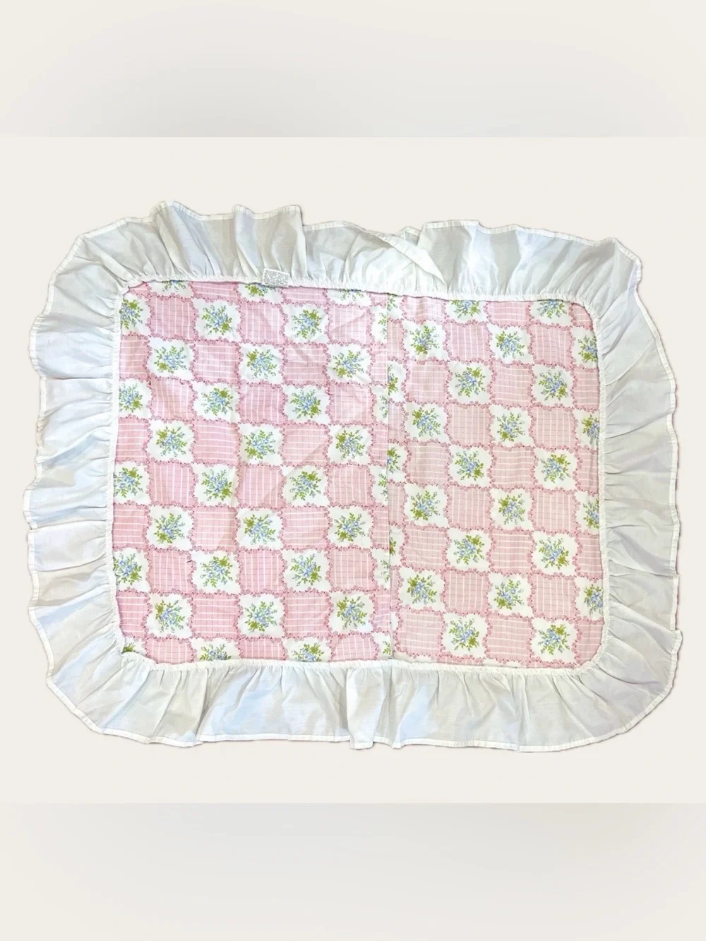 Vintage Floral Patchwork Ruffle Pillow Sham 25x19 USA Cottagecore Pink Blue
